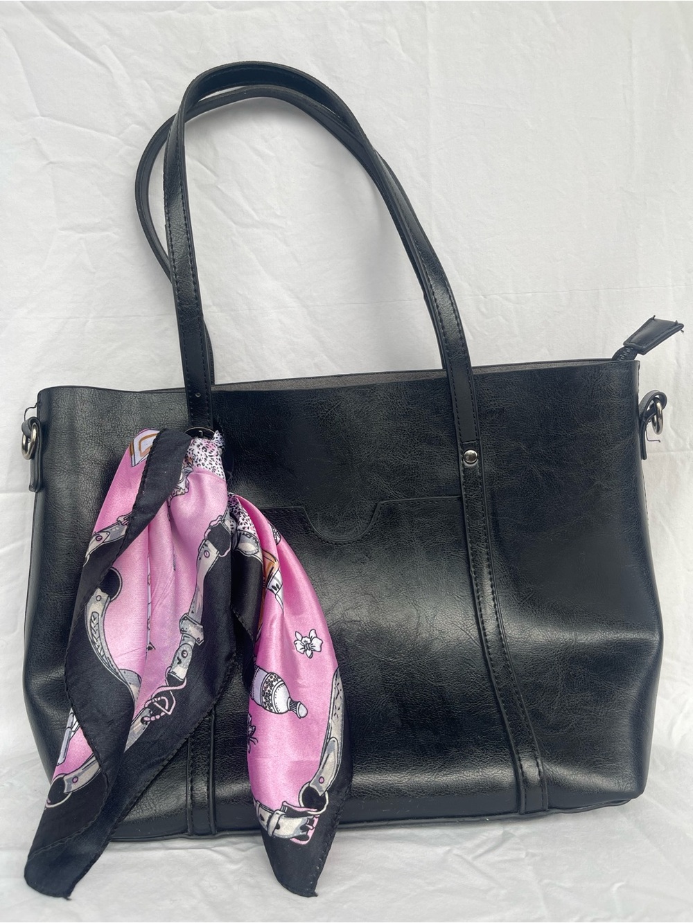 Classic Black Tote with Pink Accent Scarf